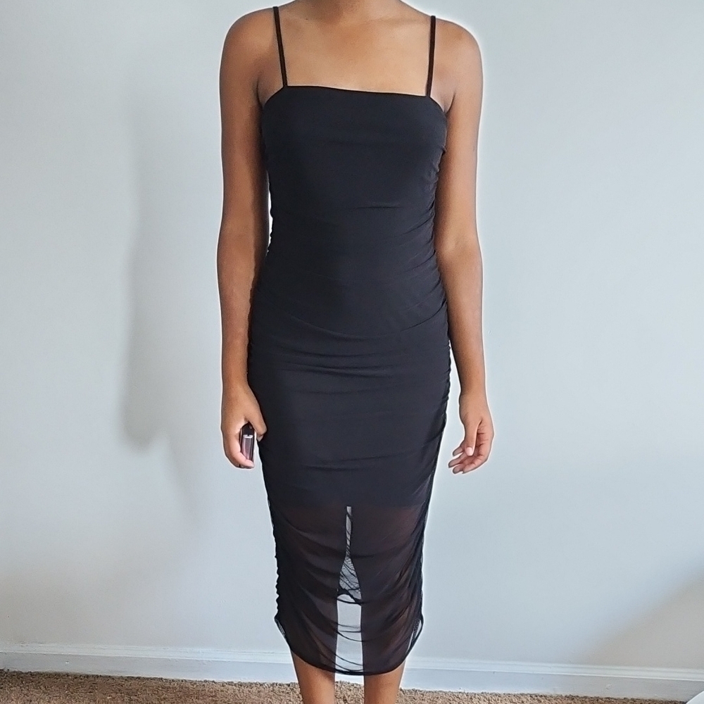 Wild Fable Black Ruched Spaghetti Strap Midi Dress